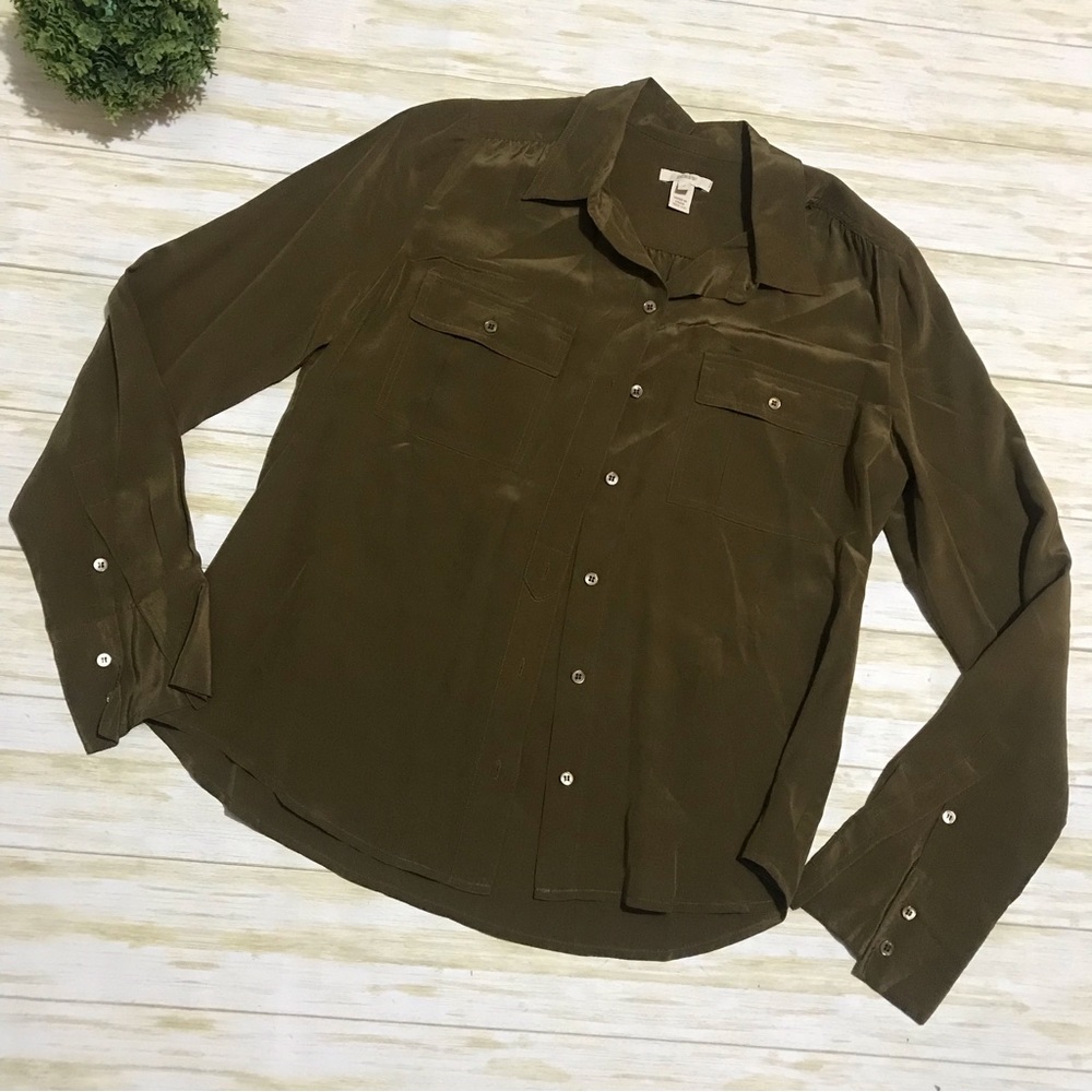 J Crew Olive Army Green 100% Silk Button Front Long Sleeve Top Blouse Shirt 6